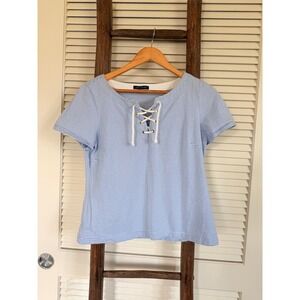 Tommy Hilfiger Striped Lace Up Short Sleeve Top Blue White Size M